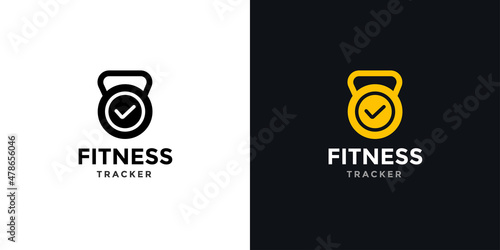 Modern fitness logo with time tracker and kettlebell icon for fitness club	

