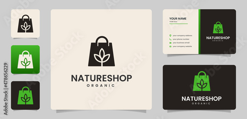 Nature shop logo with paper bag and business card template
