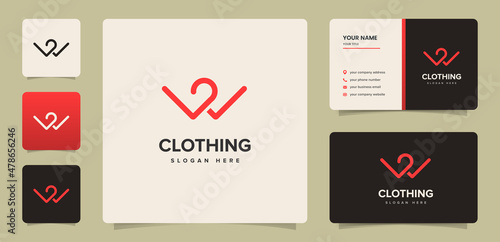 Clothing logo with hanger modern line art style good for tshirt product, boutique logo, online shop logo product with branding business card design template v2