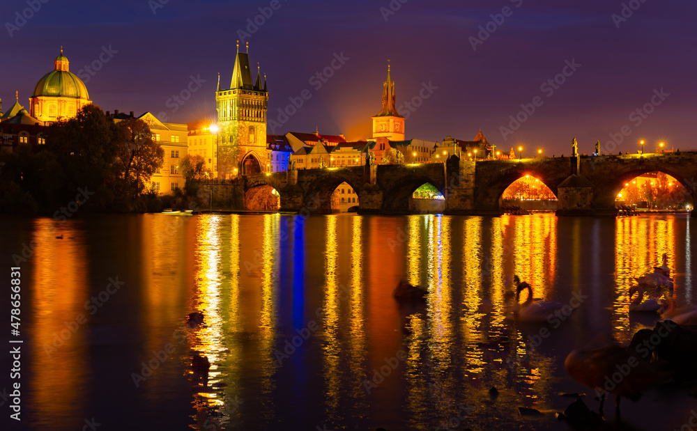 Evening view of Charles Bridge with illumination. Prague. Czech Republic