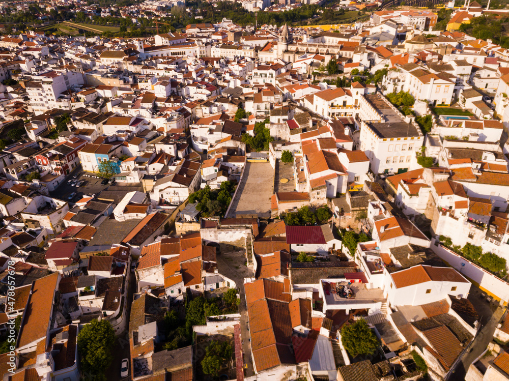 Aerial view of peculiar architecture of former Portuguese episcopal city of Elvas in spring day