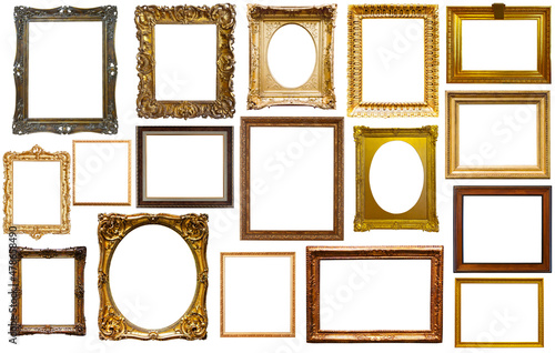 collection of isolated old fashioned empty art frames in different shapes