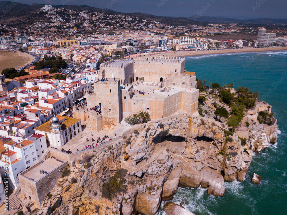 Aerial view of coastline and medieval castle Peniscola, Spain