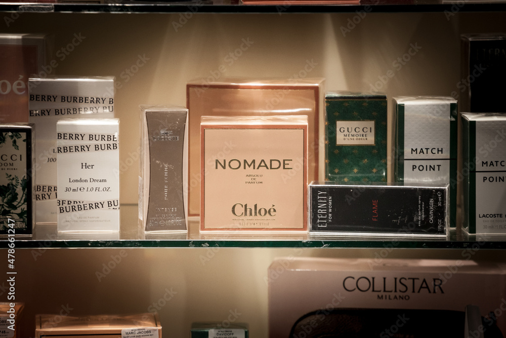 BELGRADE, SERBIA - FEBRUARY 21, 2021: Nomade Chloe logo on their perfume  Absolu de Parfum seen in