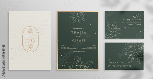 Minimalist Elegant Wedding Invitation Set with Gold Flower and Green Background