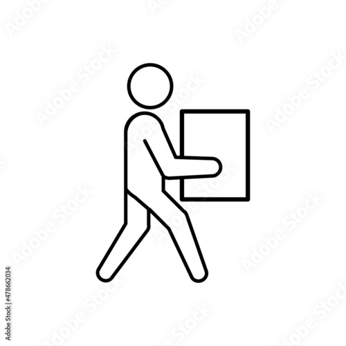 Man carrying box. Courier sign. Delivery emblem. Post man. Heavy load. Silhouette art. Vector illustration. Stock image. 