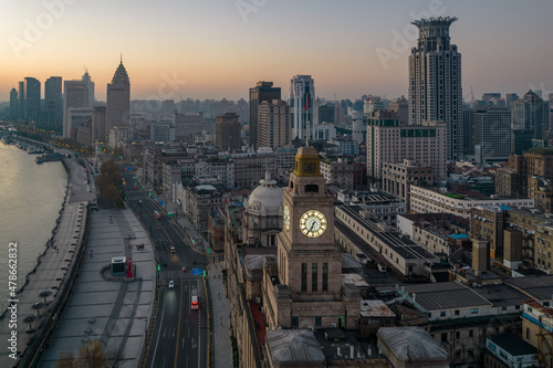 Aerial view of the bund in Shanghai  China  at sunrise.