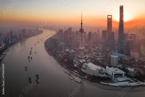 Aerial view of the skyscrapers in Lujiazui, the financial district in Shanghai, China, at sunrise.