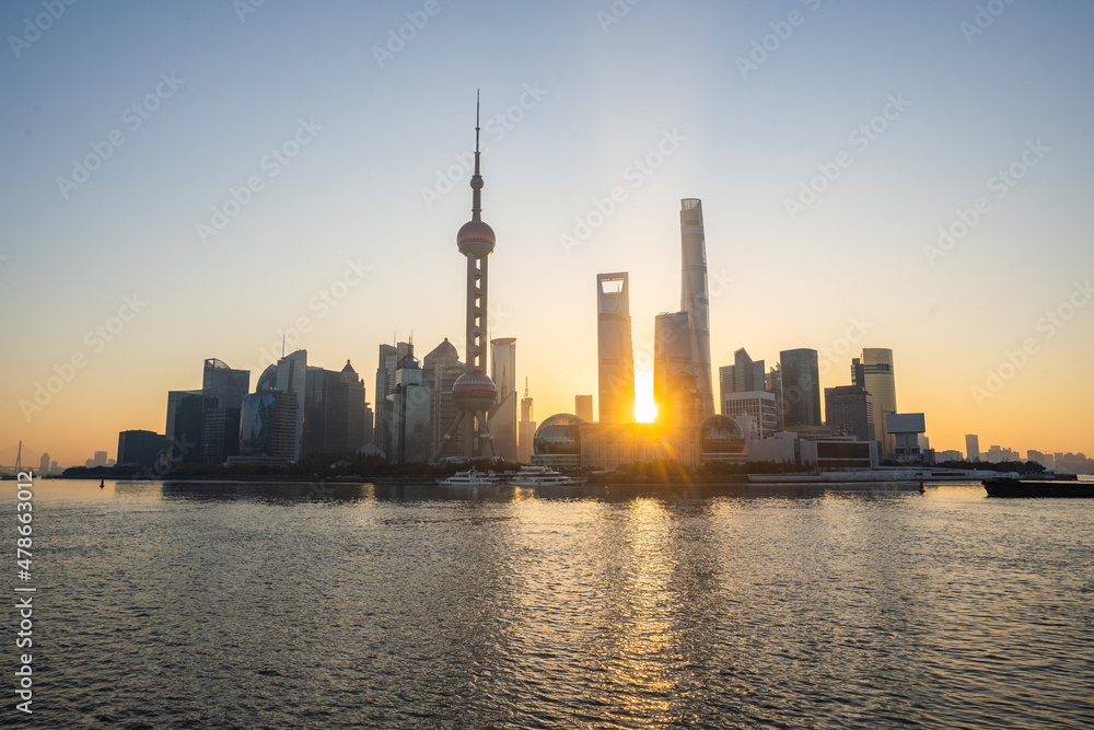 Sunrise view of Lujiazui, the financial district in Shanghai, China.