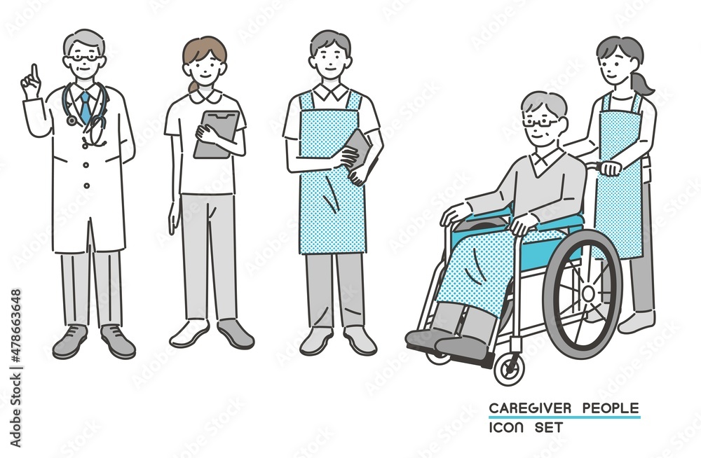 医者や介護士 ヘルパーと車いすに乗るシニアのベクターイラスト素材 車いす 介護 怪我 福祉 Vector De Stock Adobe Stock