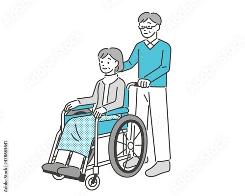 車椅子に乗るシニア夫婦のベクターイラスト素材／車いす／介護／怪我／福祉