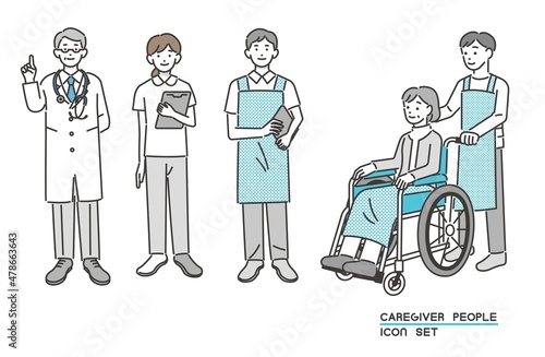 医者や介護士、ヘルパーと車いすに乗るシニアのベクターイラスト素材／車いす／介護／怪我／福祉
