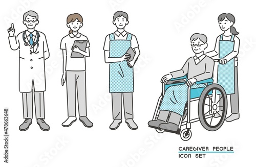
医者や介護士、ヘルパーと車いすに乗るシニアのベクターイラスト素材／車いす／介護／怪我／福祉