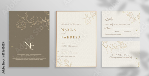Minimalist Elegant Wedding Invitation Set with Gold Flower 