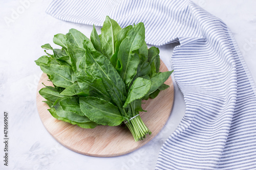 Fotografía A bunch of fresh sorrel leaves on a light background with a napkin