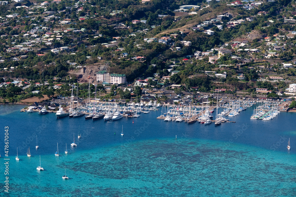 Sailboats at Tropical Islands of French Polynesia. Capital City Papeete on Tahiti