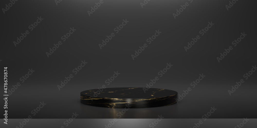 Abstract black marble with gold texture podium on studio backdrops. 3D ...