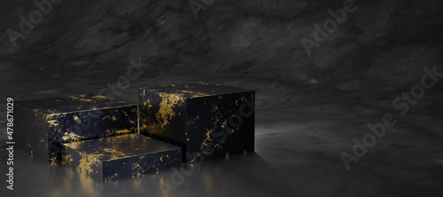 Fototapeta Naklejka Na Ścianę i Meble -  3D render cube podium made of black marble with gold texture in black blackground.