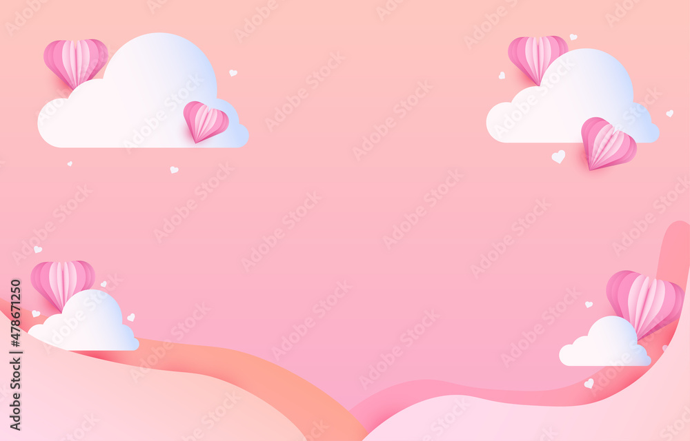 Paper cut elements in shape of heart with the clouds has free space.and pink sweet background. Vector symbols of love for Happy Valentine's Day, birthday or mother's day greeting card design. Paper cut elements in shape of heart with the clouds has free space.and pink sweet background. Vector symbols of love for Happy Valentine's Day, birthday or mother's day greeting card design.