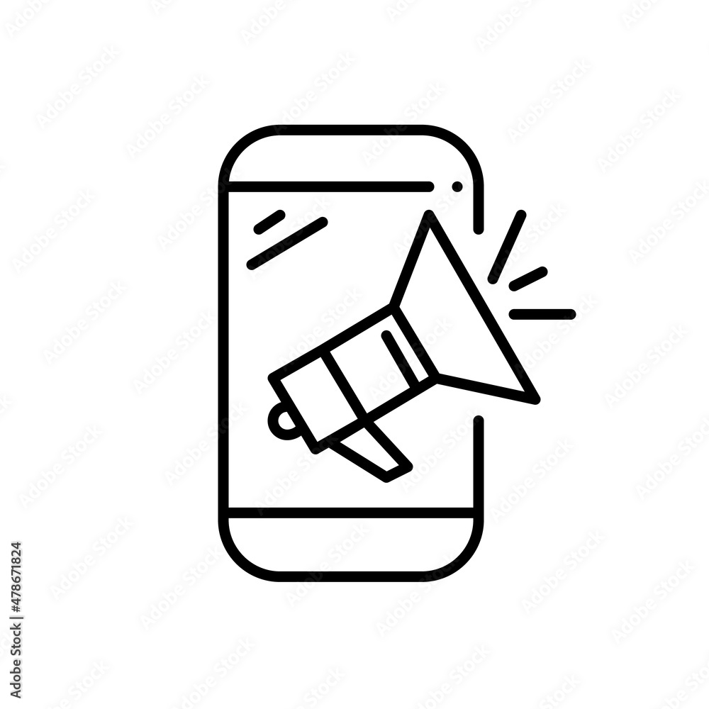 Megaphone on a smartphone. Advertisement and marketing icon. Pixel perfect, editable stroke icon Megaphone on a smartphone. Advertisement and marketing icon. Pixel perfect, editable stroke icon