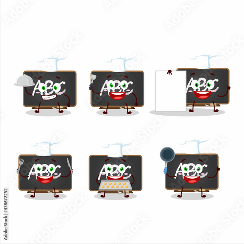 Cartoon character of chalkboard with various chef emoticons