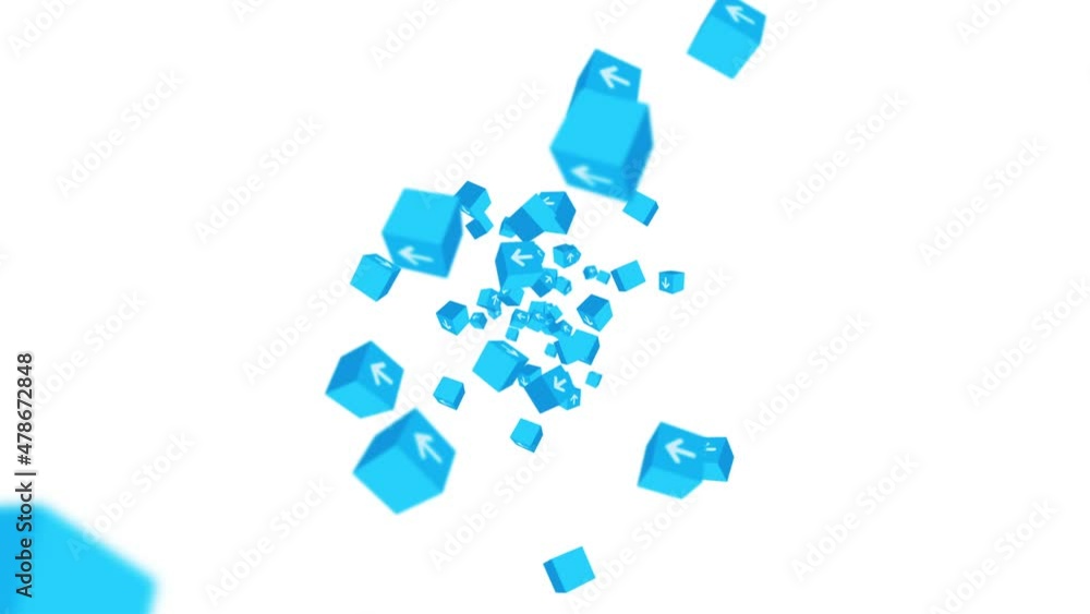 Many blue cubes with arrow floating on white background. Business concept. Challenge. Point to goal. Loop animation. Many blue cubes with arrow floating on white background. Business concept. Challenge. Point to goal. Loop animation.