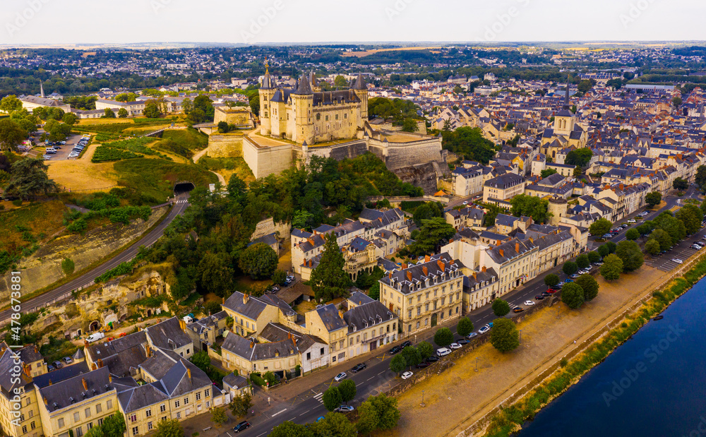 Fly over the picturesque town of Saumur and medieval castle Saumur. France