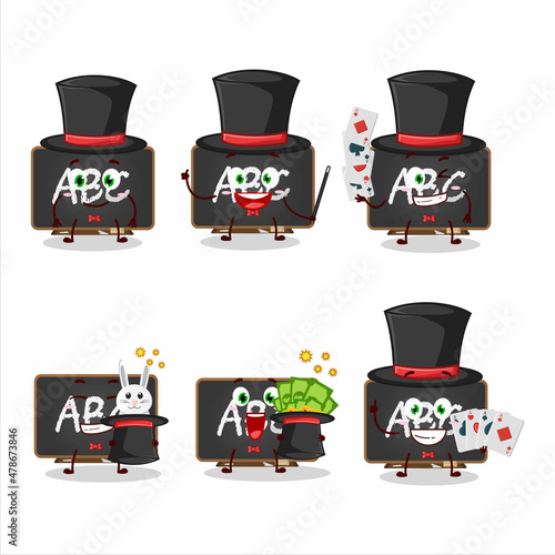 A chalkboard Magician cartoon character perform on a stage