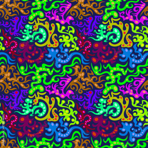 Vector seamless pattern. An ornament of stylized fantastic creatures. Design print for textile, fabric, wallpaper, background.