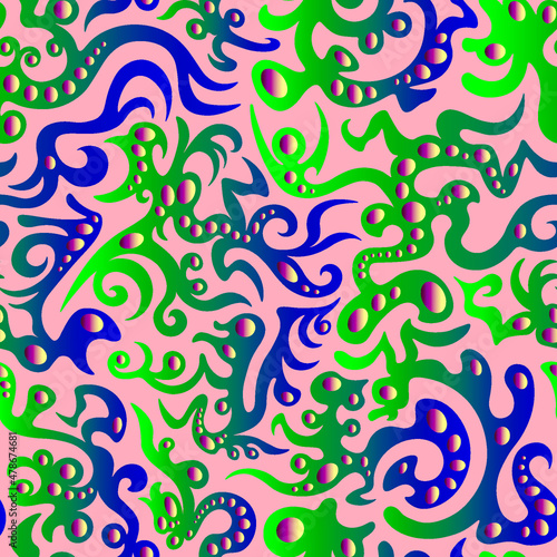 Vector seamless pattern. An ornament of stylized fantastic creatures. Design print for textile, fabric, wallpaper, background.
