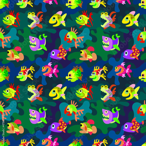 Ornament with fish. Vector seamless pattern. Design print for textile, fabric, wallpaper, background.
