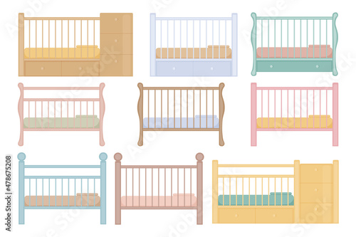 A large set of cots in different colors. Wooden baby cots with mattresses and pillows. Collection of cribs for kids in cartoon style. Vector illustration