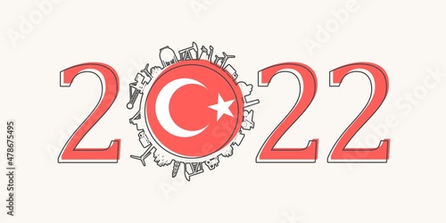 2022 year number with industrial icons around zero digit. Flag of Turkey.