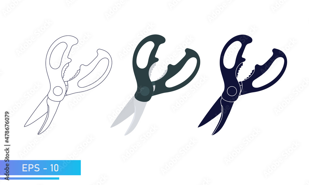 Scissors for the kitchen. Slicing greens, crack a nut. Vector illustration. Scissors for the kitchen. Slicing greens, crack a nut. Vector illustration.