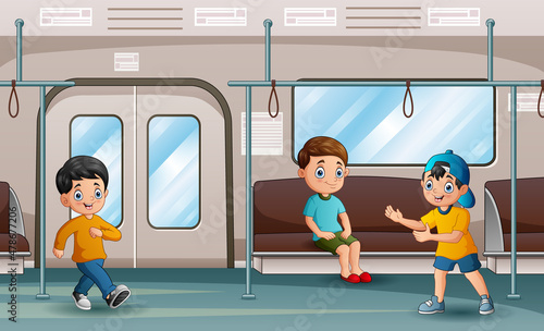 Happy children in subway train car illustration