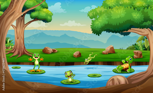 Happy turtles and frogs playing in the river illustration