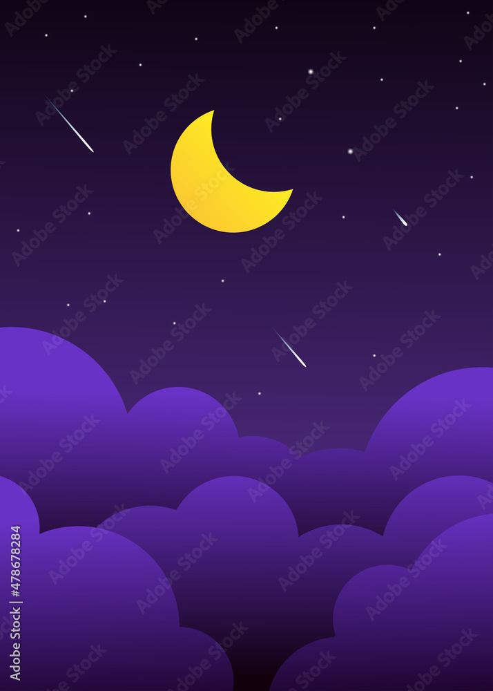 Fototapeta premium night sky with stars and moon. paper art style. Dreamy background with moon stars and clouds, abstract fantasy background. Half moon, stars and clouds on the dark night sky background.