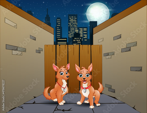 Cartoon two dogs in a small street alley at night