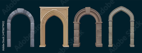 Leinwand Poster Architecture arches with stone columns, antique gates for interior or exterior with pillars, palace or castle archway decorative frames