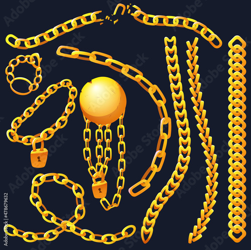 Golden chains with whole and broken links, gold bob and padlock, connected yellow metal rings. Heavy decorative or jewelry elements, bracelets isolated on black background Cartoon vector illustration
