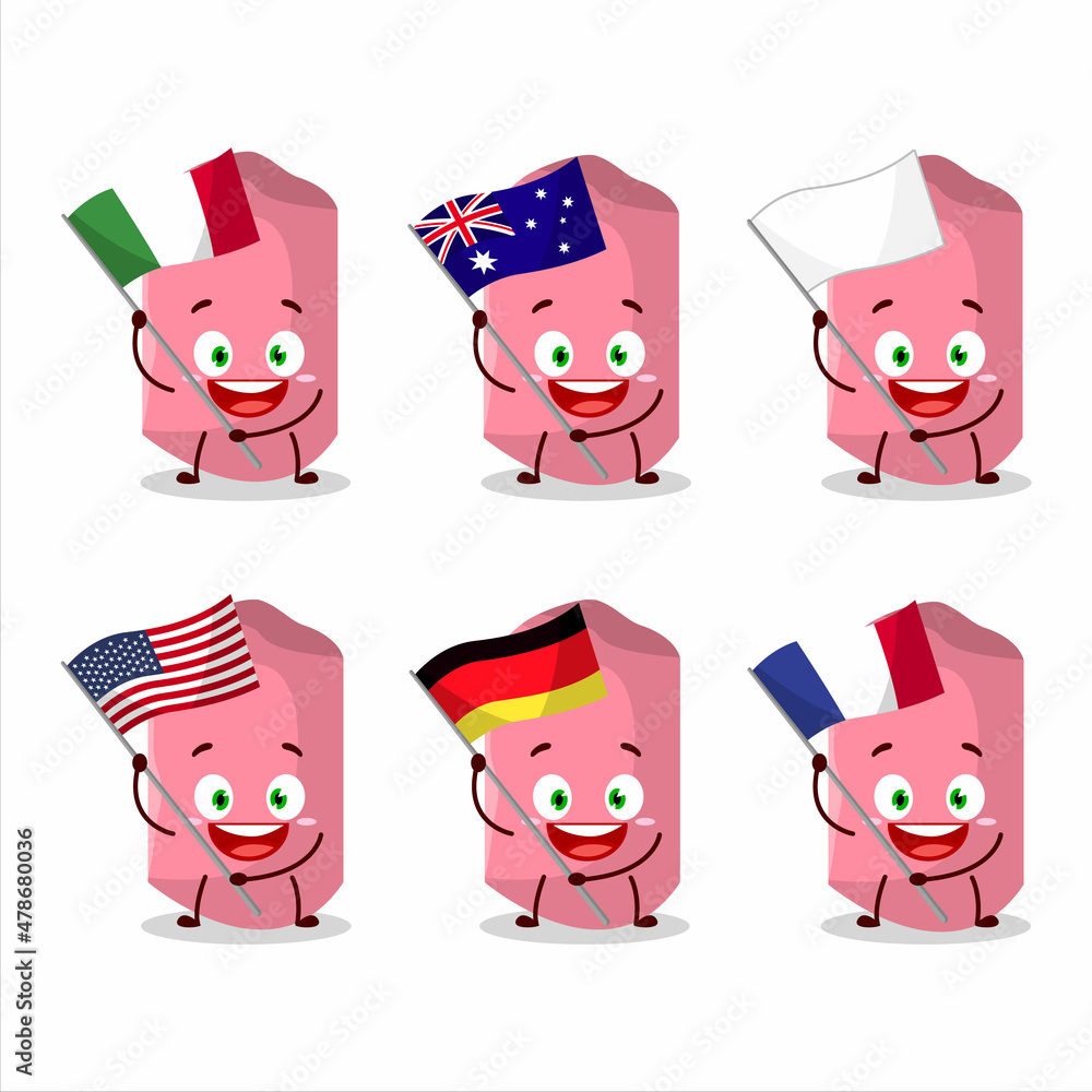 Pink chalk cartoon character bring the flags of various countries Pink chalk cartoon character bring the flags of various countries