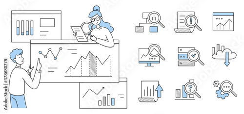 People research analytics on dashboard with graphs and charts. Vector doodle icons of statistic analysis, work with database and information report with diagrams and magnifying glass