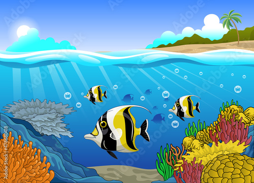 Fototapeta Naklejka Na Ścianę i Meble -  Cute Cartoon of Moorish Idol Fish Pack Swiming in the Coral