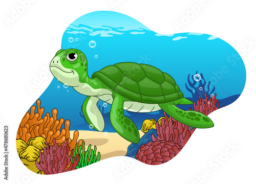 Turtle in cute Cartoon style swimming in the coral reef