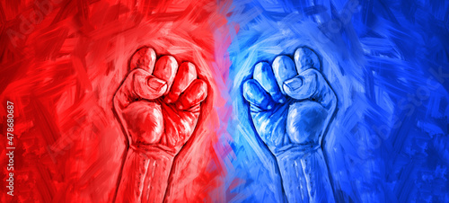 Fotografija Politics concet and election campaign fight as right and left political ideology represented by two boxing politician fists fighting for  for a vote in a 3D illustration style
