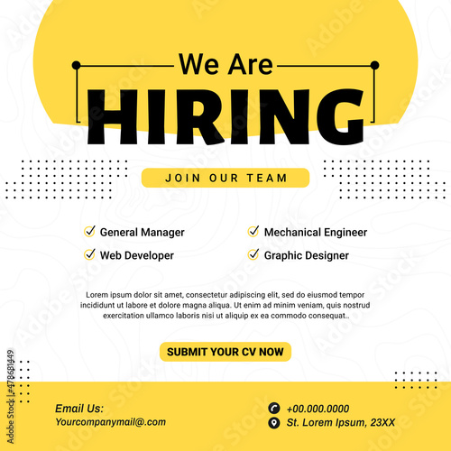 Poster for we are hiring. employees needed. Social media template job vacancy recruitment