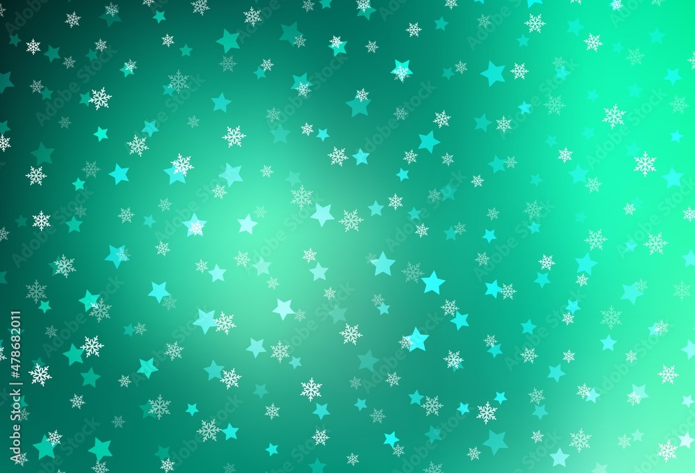 Light Green vector background with xmas snowflakes, stars.