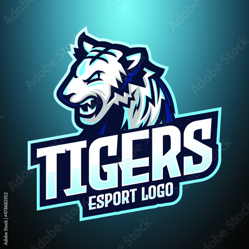 Blue and White Tiger E-Sport Logo, Mascot, and Emblem Template Isolated Vector. Illustrator Logo. Suitable for Game Streamer and E-Sport Team.