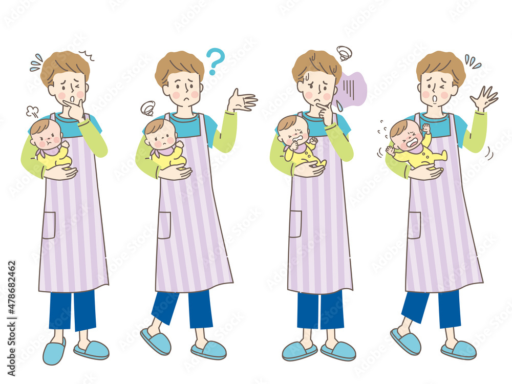 赤ちゃんを抱っこする若いパパの表情セット