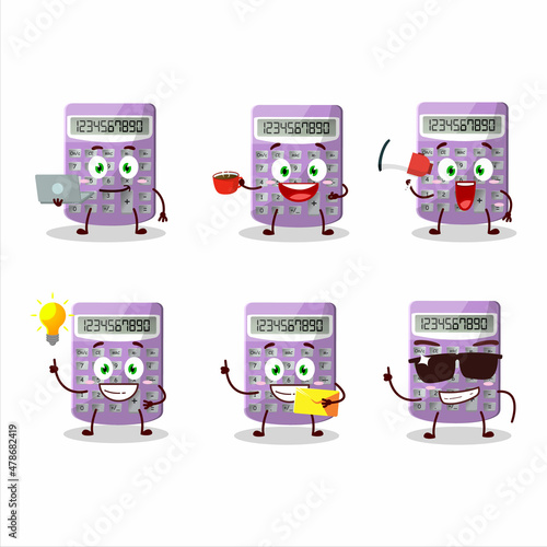 Purple calculator cartoon character with various types of business emoticons photo